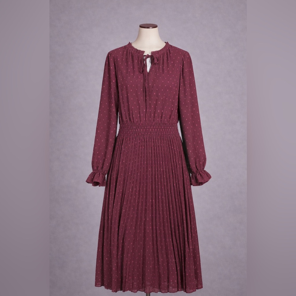 PrettyGarden‎ Dress Womens Large Red Polka Dot Pleated Long Sleeve Midi Boho